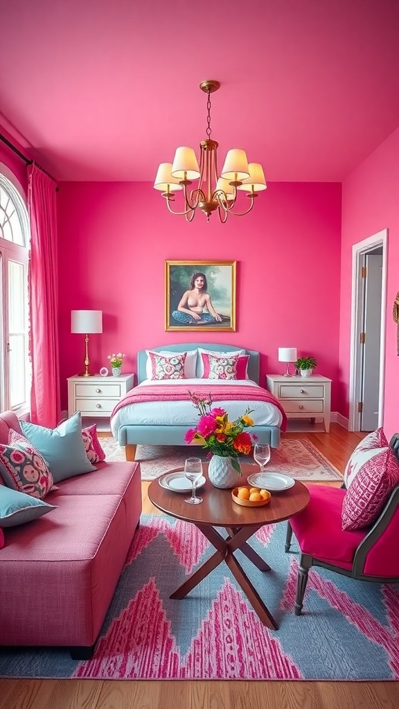 A vibrant living room and dining room combo featuring pink walls, blue accents, and a wooden coffee table.