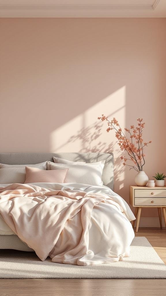 A cozy bedroom with blush walls, soft bedding, and natural decor.