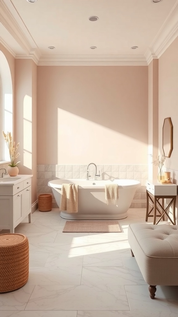 A luxurious bathroom with blush walls, a white bathtub, and natural decor elements.