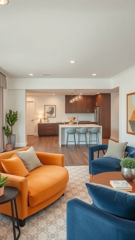 A stylish open space living room and kitchen featuring orange and blue chairs, a neutral color scheme, and plants.