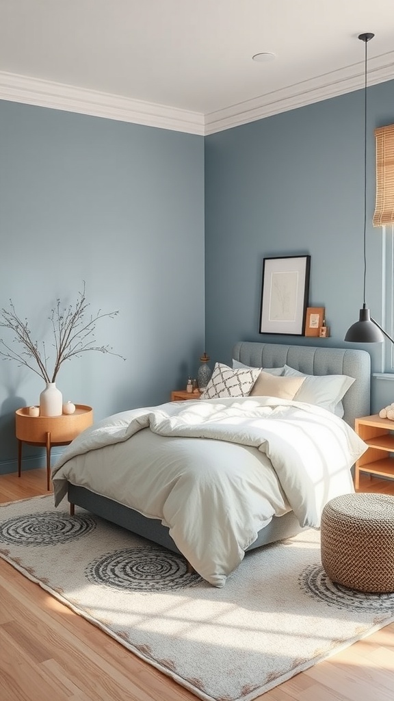 Cozy modern guest bedroom with blue walls, a comfortable bed, and warm wooden accents