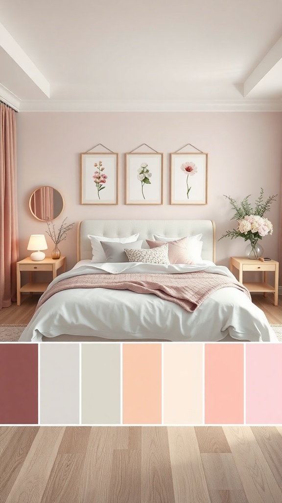 A cozy floral-themed bedroom featuring a soft pink color palette and floral artwork.