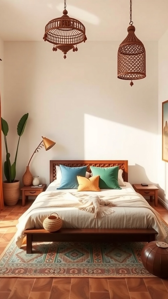 A cozy Moroccan bedroom featuring earthy tones, colorful cushions, and natural materials.