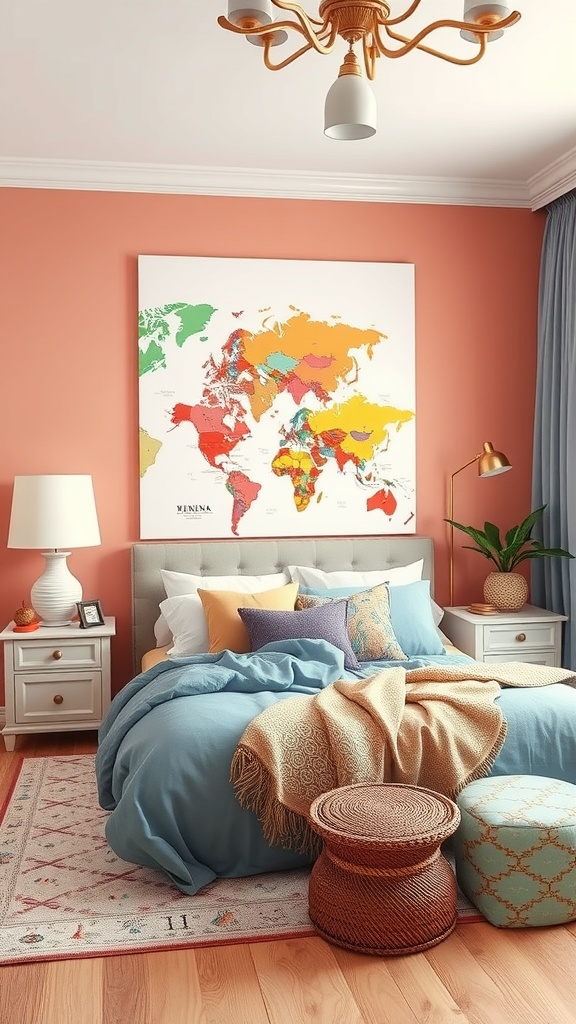 A cozy travel-themed bedroom with a world map on the wall, coral-colored walls, and a mix of blue bedding.