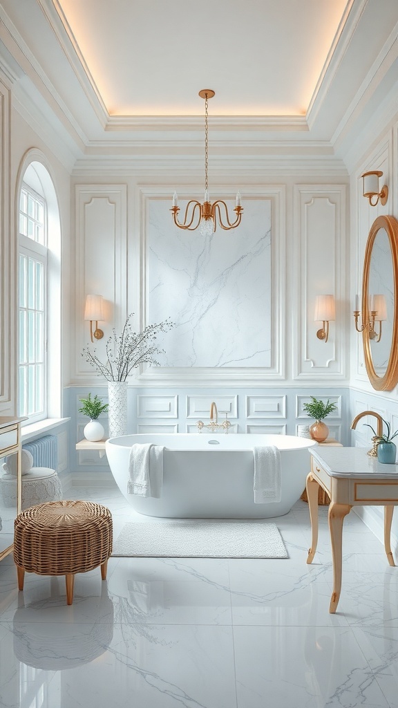 A luxurious master bathroom featuring a white bathtub, marble walls, and soft blue accents.