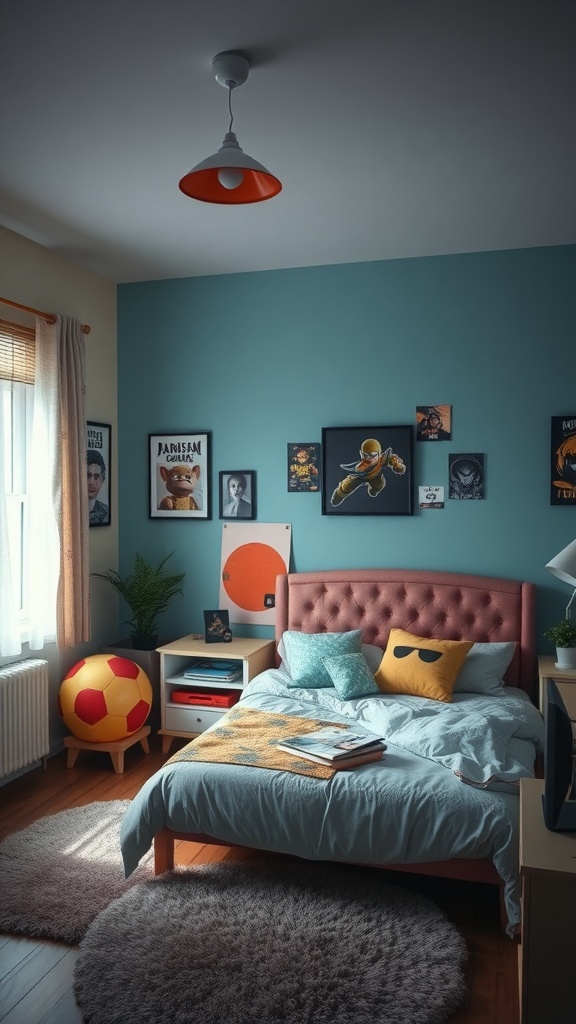 A cozy gamer bedroom featuring blue walls, a pink bed, vibrant cushions, and gaming artwork.