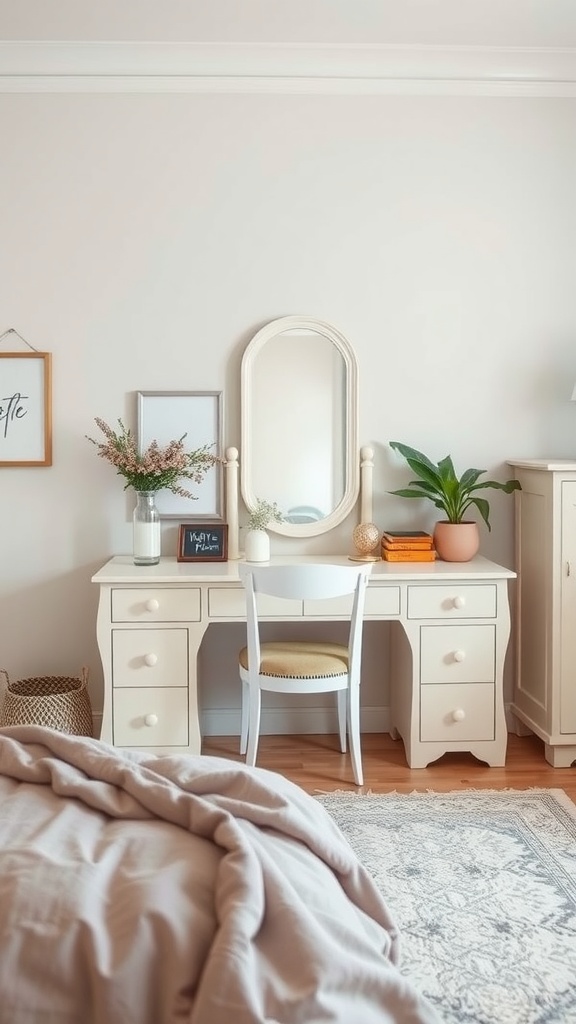 A cozy bedroom with a vanity and desk combo, showcasing soft colors and a calming atmosphere.