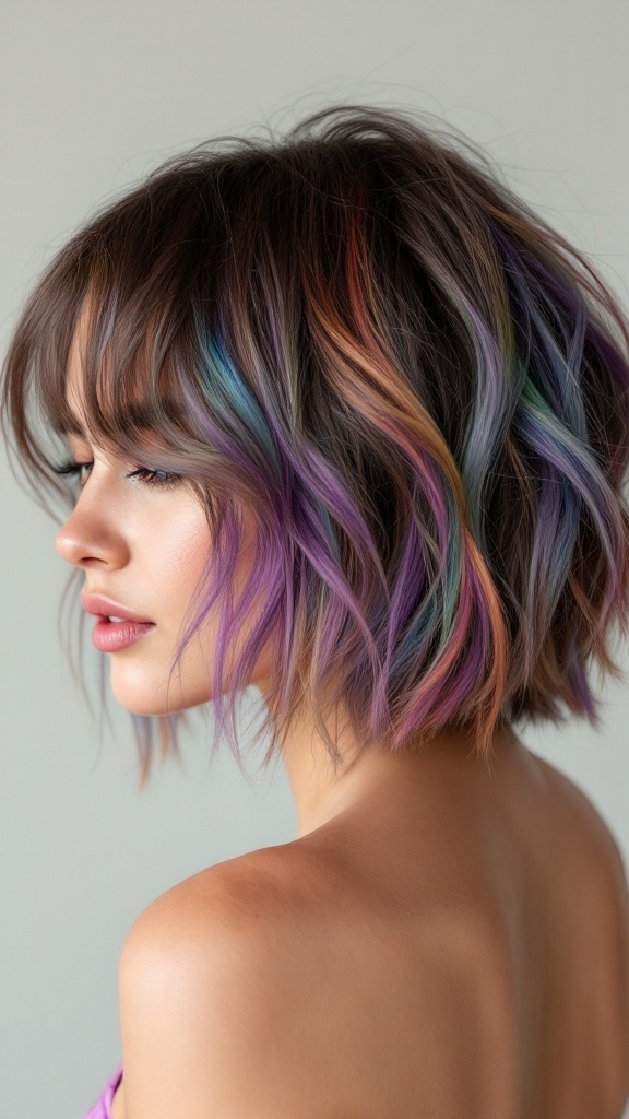 A woman with a messy bob hairstyle featuring colorful highlights and lowlights.