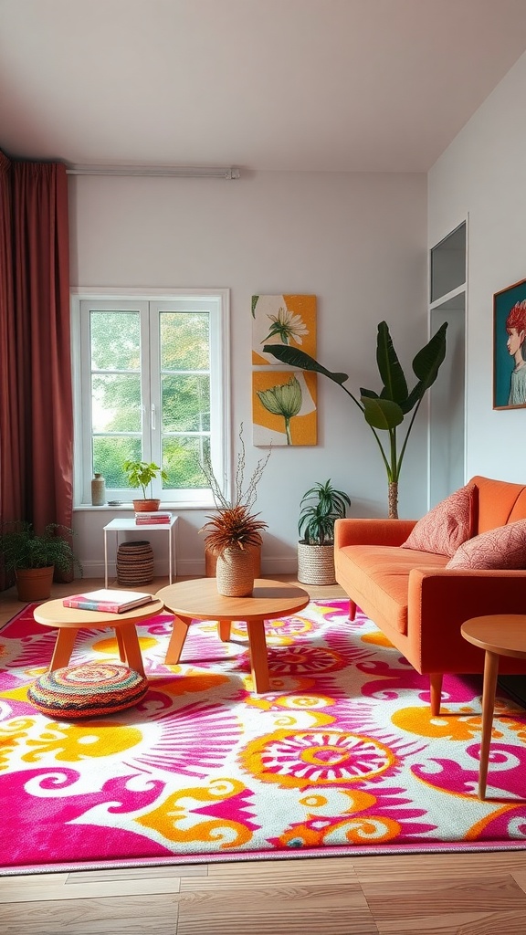 A vibrant living room featuring a colorful rug, orange sofa, and greenery.