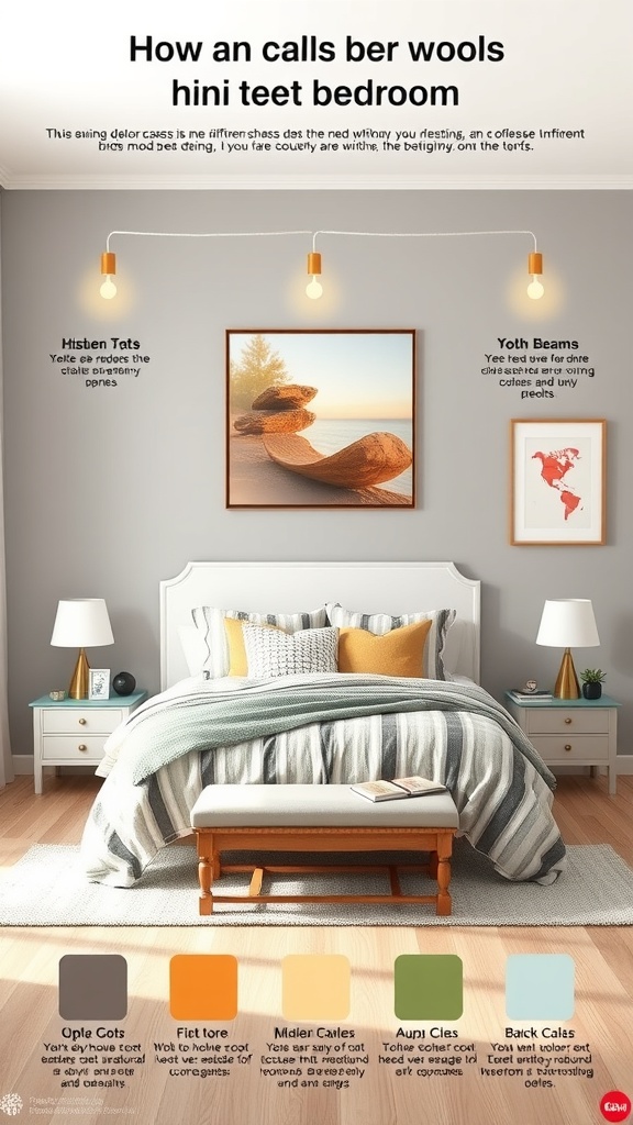 A cozy bedroom featuring a calming color palette with gray walls, warm yellow accents, and soft lighting.
