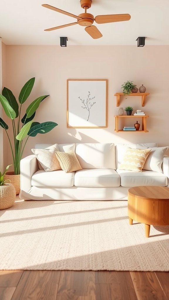 A cozy living room with a white sofa, wooden furniture, and plants, showcasing a harmonious color scheme.