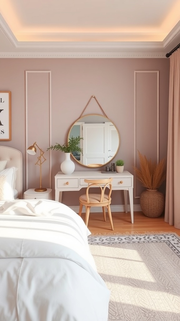 A stylish bedroom vanity and desk combo featuring light pink walls, white furniture, and natural decor elements.