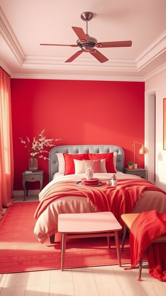 A cozy bedroom featuring a vibrant red color scheme, with a comfortable bed and warm lighting.