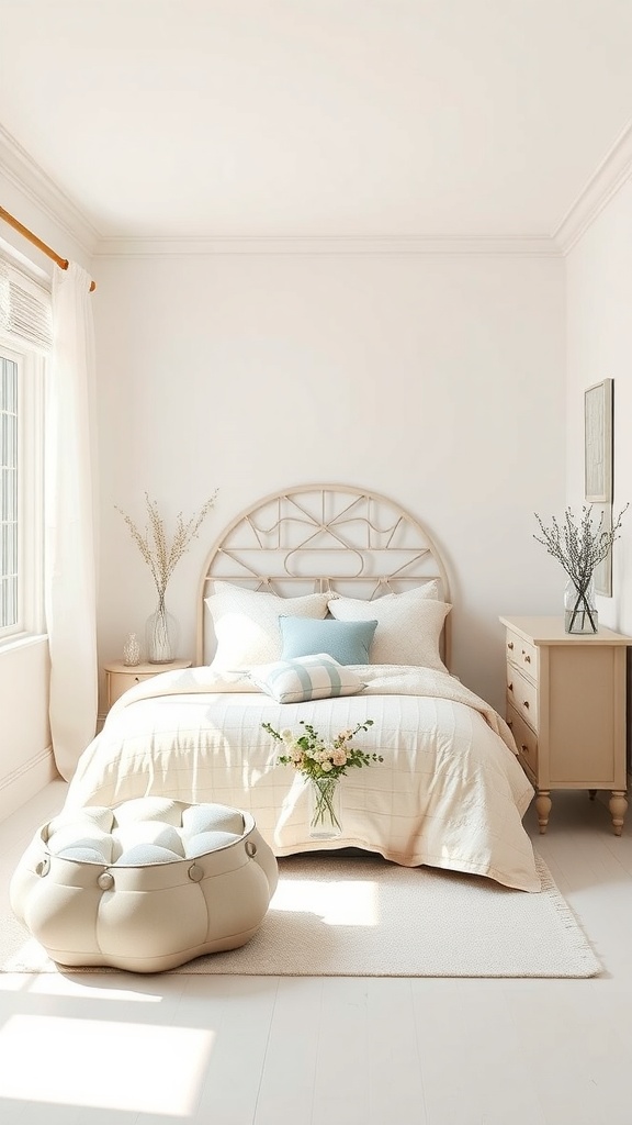 A small, cozy bedroom featuring soft neutral tones, light bedding, and blue accents, with natural light streaming in from a window.