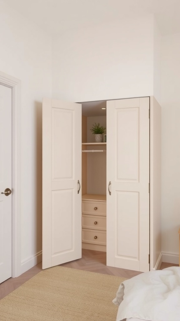 Wardrobe with light-colored doors in a small bedroom