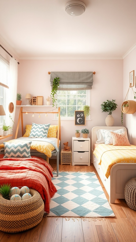 A shared kids bedroom with colorful bedding and plants, featuring two beds and a cozy atmosphere.