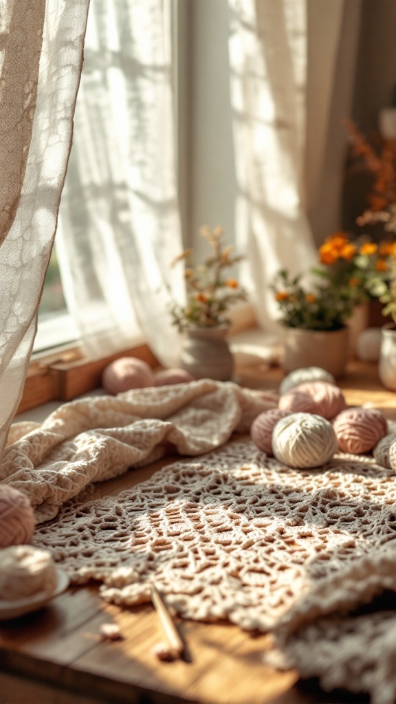 A cozy window scene featuring crochet curtains, soft yarn balls, and floral decor.