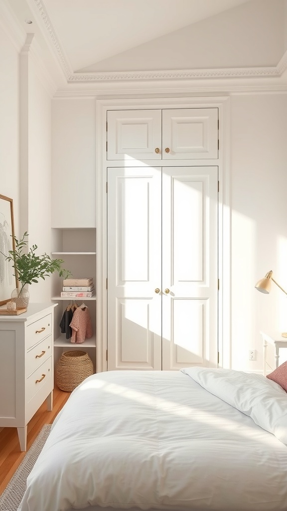 A small bedroom featuring a wardrobe, neutral color scheme, and natural light.