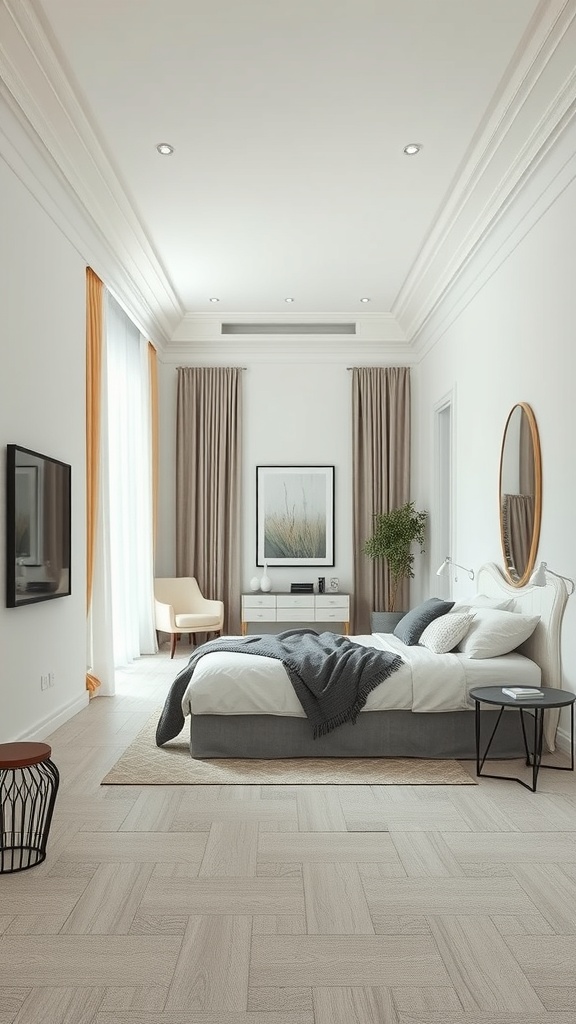 A modern bedroom layout with light colors, warm curtains, and a cozy atmosphere.