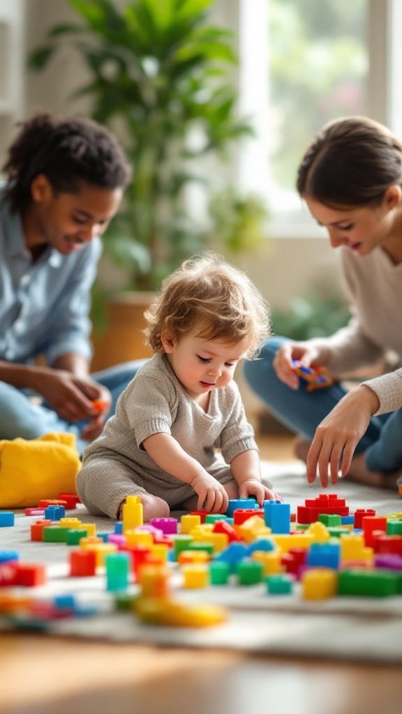A toddler playing with colorful building blocks on the floor, with adults nearby engaging in play.