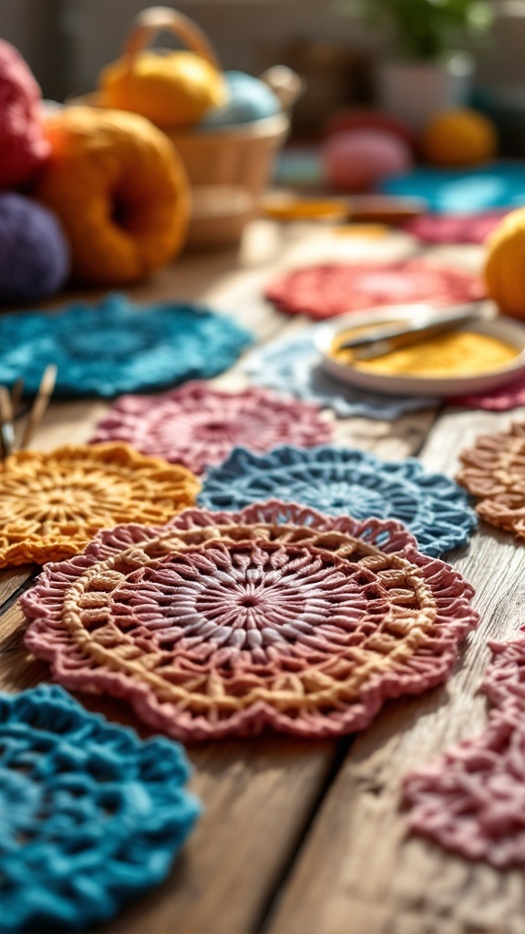 Colorful crochet doilies on a wooden table with yarn balls in the background