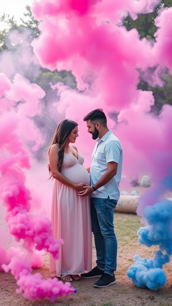 A couple surrounded by colored smoke celebrating a gender reveal