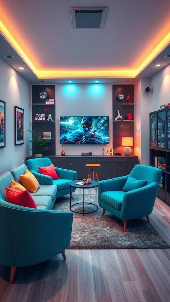 A vibrant gaming bedroom featuring teal accent chairs and a matching sofa with colorful cushions.