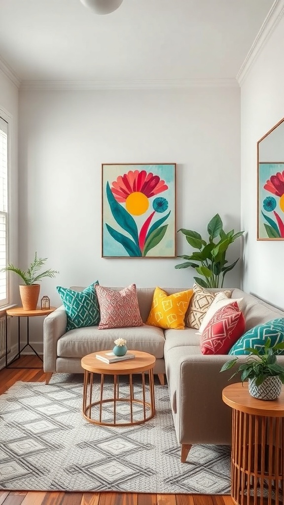 A cozy living room with colorful cushions, floral wall art, and plants.