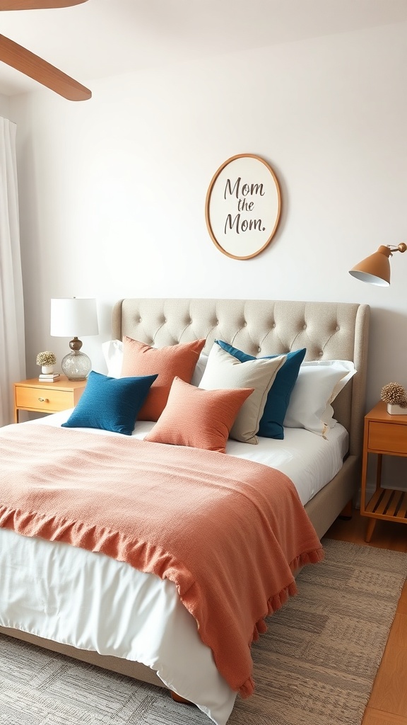 A stylish bedroom featuring a bed with colorful accent pillows and a cozy blanket.