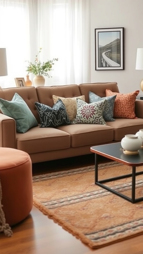A cozy living room with a brown sofa decorated with colorful accent pillows and a coffee table.