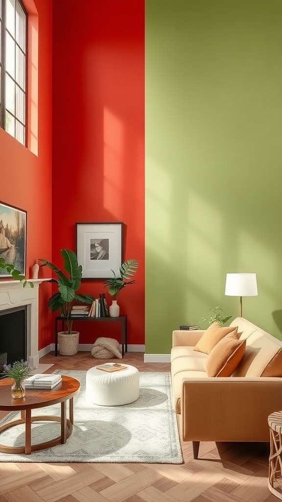 A living room featuring a colorful accent wall painted in red and green, with a cozy sofa and decorative elements.