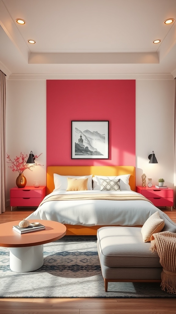 A vibrant living room featuring a pink accent wall, orange headboard, and colorful furniture.