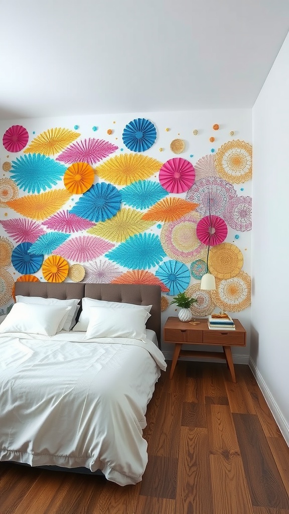 Teenage boy's bedroom with a colorful accent wall featuring paper decorations