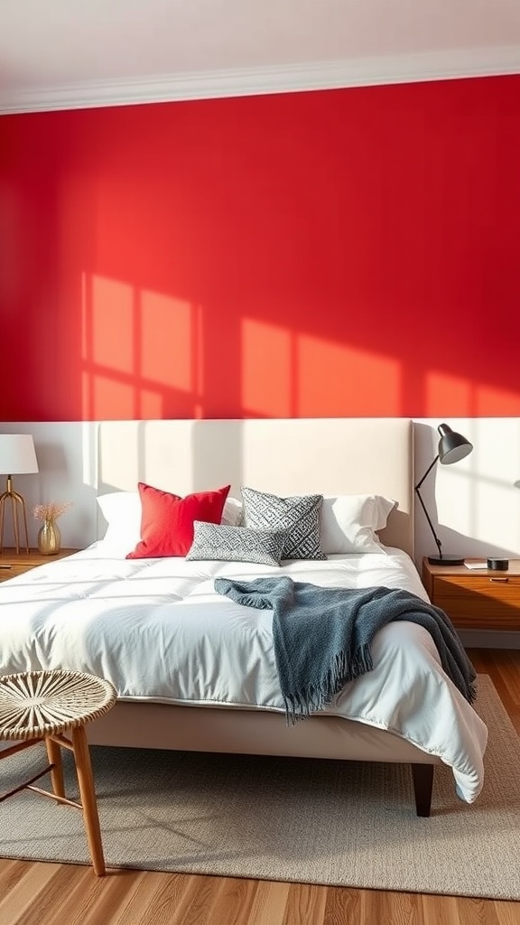 A bedroom featuring a bold red accent wall, light-colored bedding, and warm wooden furniture.