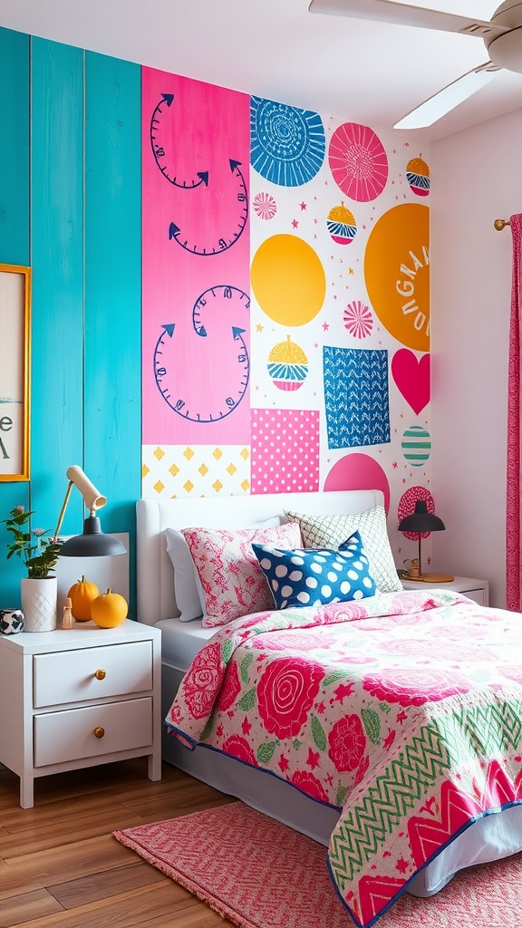 A colorful accent wall in a tween girl's bedroom featuring pink, teal, and yellow designs, with a cozy bed and stylish decor.