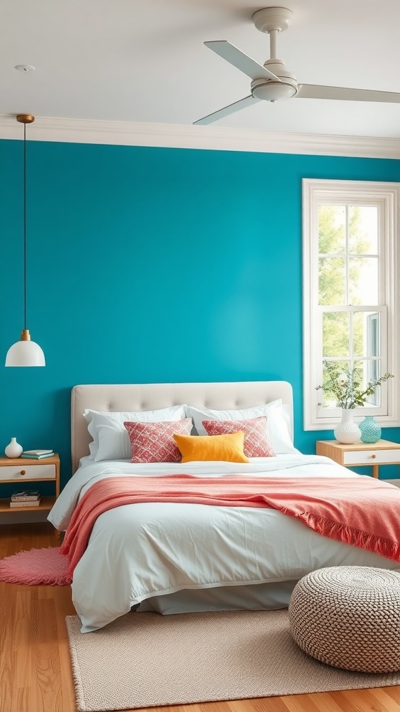 A bright turquoise accent wall in a bedroom with light bedding and colorful decor