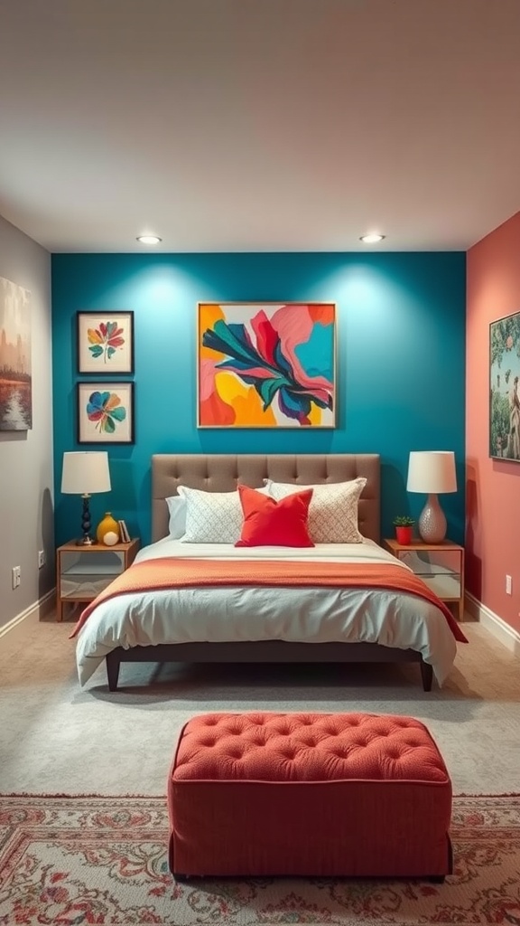 A stylish basement bedroom featuring colorful accent walls in teal and coral, with vibrant artwork and cozy furnishings.