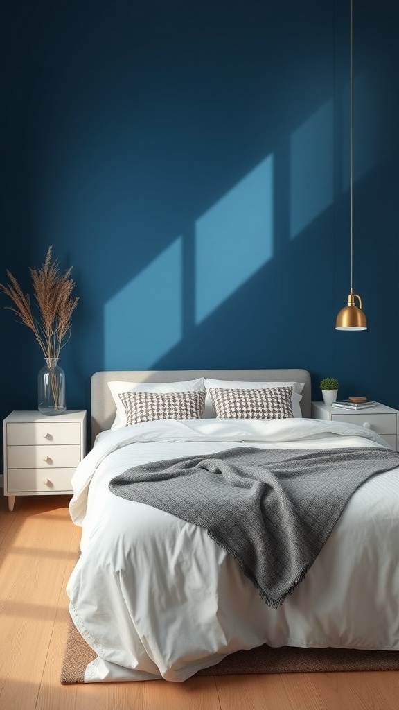 A cozy bedroom featuring a deep blue accent wall, white bedding, and a golden pendant light.
