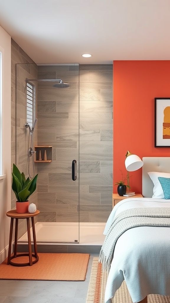 A modern walk-in shower with a colorful orange accent wall, gray tiles, and stylish decor.