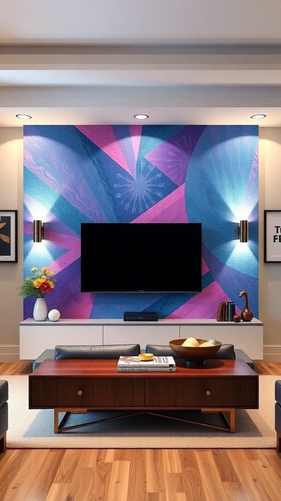 A colorful accent wall behind a TV featuring shades of blue, pink, and purple, with modern furniture in a cozy living room.