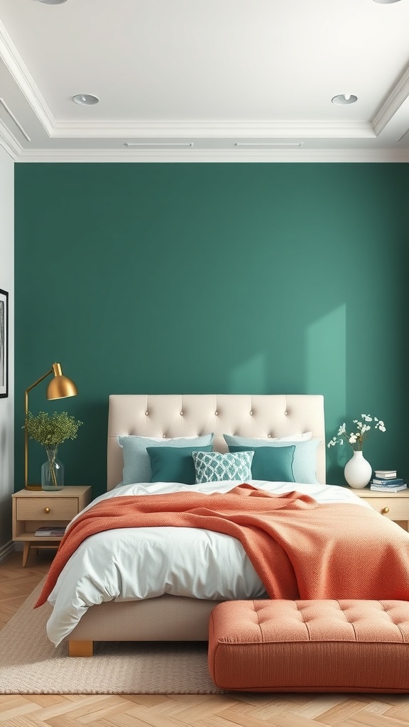 A small bedroom featuring a teal accent wall, a light bed with coral and teal bedding, and stylish decor.