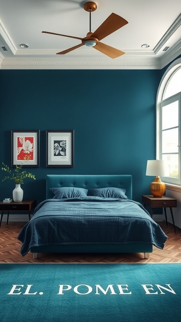 A luxurious bedroom with a deep teal accent wall, featuring a stylish bed, artwork, and a wooden ceiling fan.
