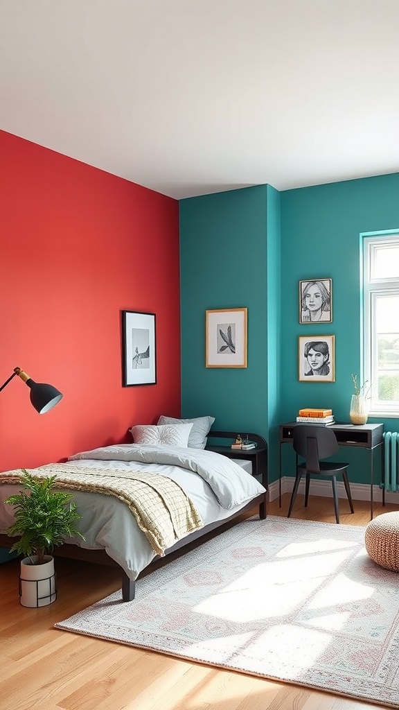 An L-shaped bedroom with colorful accent walls in red and teal, featuring a bed, desk, and artwork.