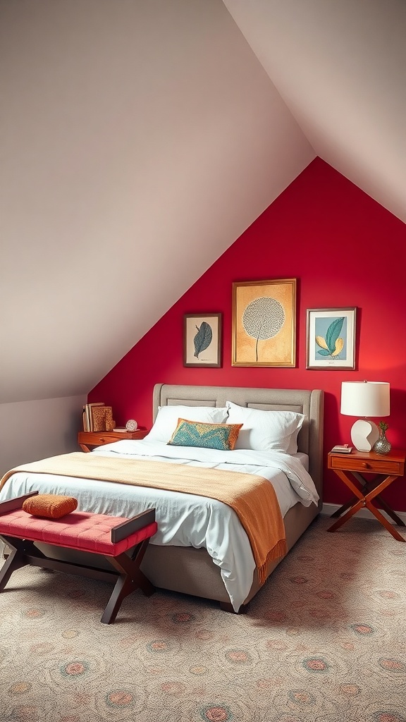 Attic bedroom with a red accent wall, cozy bed, and stylish decor