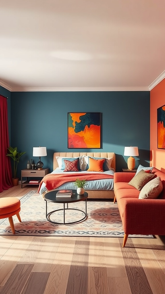 A living room with colorful accent walls, featuring a blue wall and orange accents, showcasing a cozy and vibrant atmosphere.