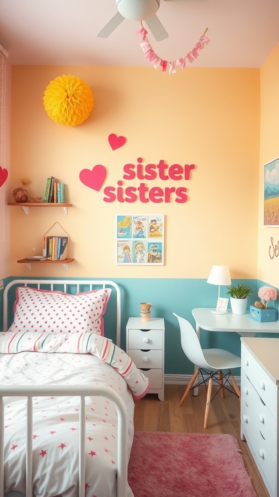 A colorful bedroom shared by two sisters featuring an accent wall in peach and teal, playful decor, and cozy bedding.