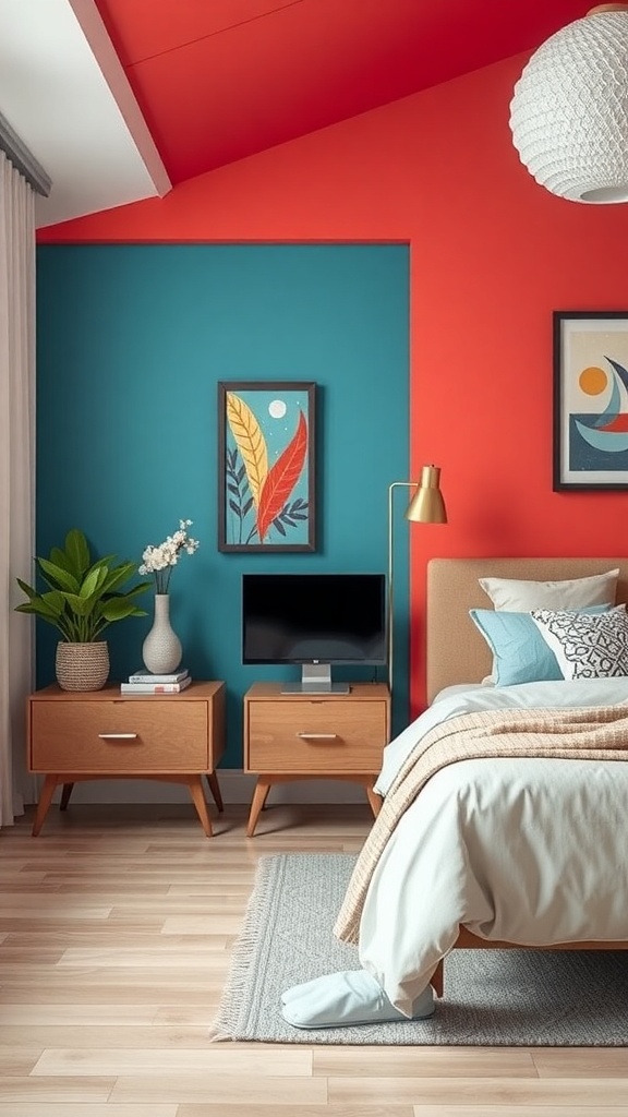 A mid-century modern bedroom featuring colorful accent walls in red and teal, with wooden furniture and decorative artwork.