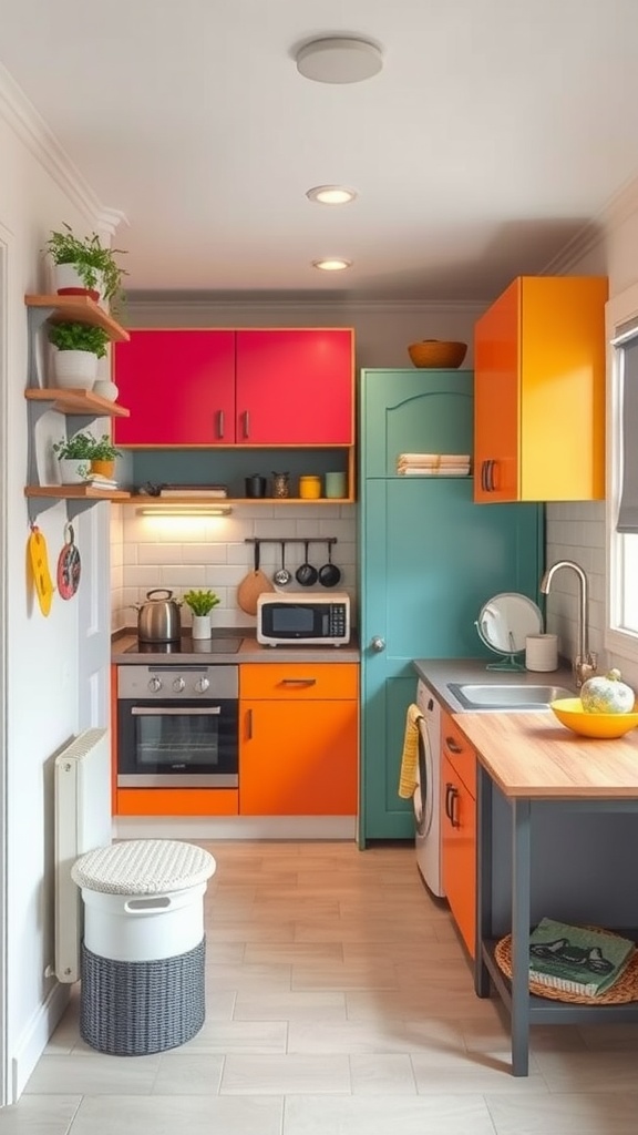A tiny kitchen with colorful cabinets in orange, pink, and teal, featuring plants and cheerful accents.