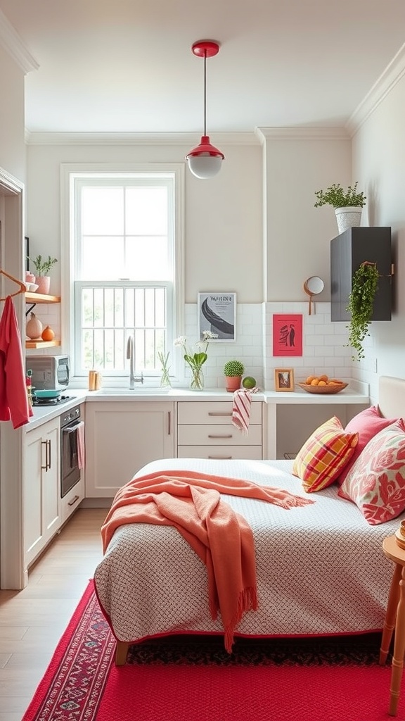 A tiny kitchen featuring colorful accents with a red pendant light, warm-toned throw blanket, and vibrant artwork.