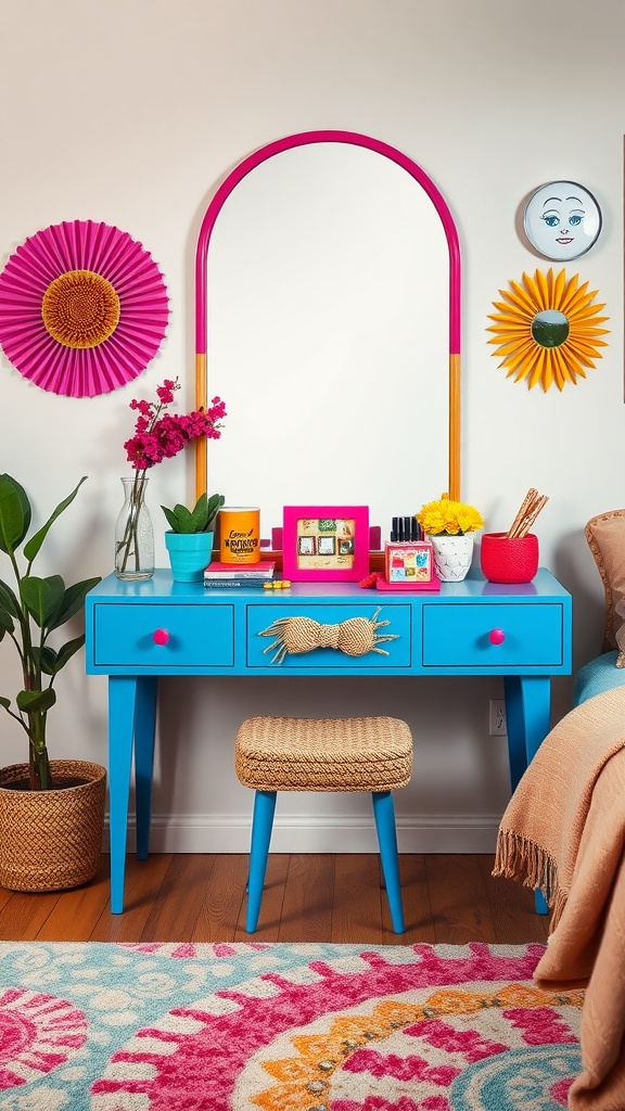 A colorful dressing table with a blue base, pink accents, and vibrant accessories, including flowers and decorative items.